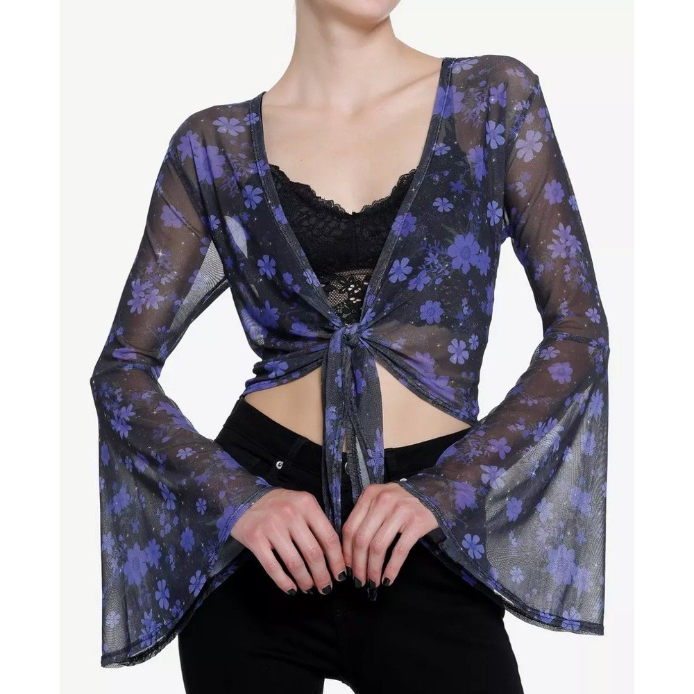 Thorn & Fable Womens Purple Floral Mesh Tie Front Bell Sleeve Crop Top Small Y2K